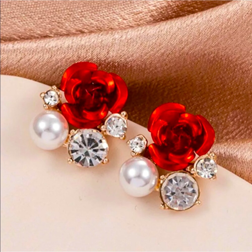 New Red Rose FlowerFaux Pearl Ear Stud Earrings 15$